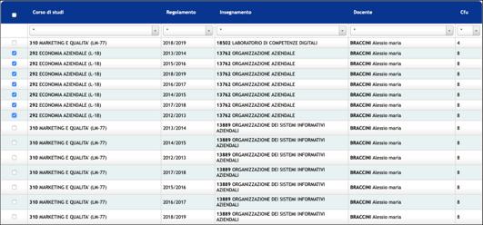Scheda Insegnamenti/Attività (4 di 5) Selezionare dall elenco tutti gli insegnamenti e tutte le coorti di studenti (riconoscibili dalla colonna Regolamento) per i quali si desidera aprire l appello