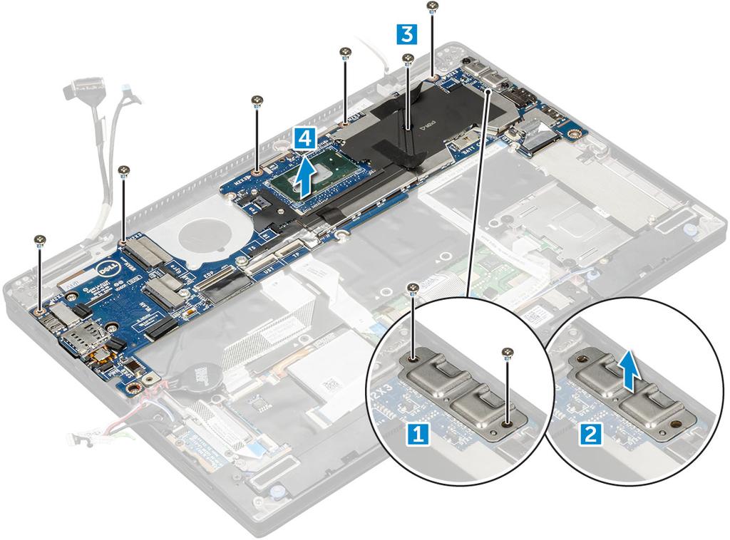 Installazione della scheda di sistema 1 Allineare la scheda di sistema con i supporti delle viti sul computer. 2 Ricollocare le viti M2.0 x 3.0 per fissare la scheda di sistema al computer.