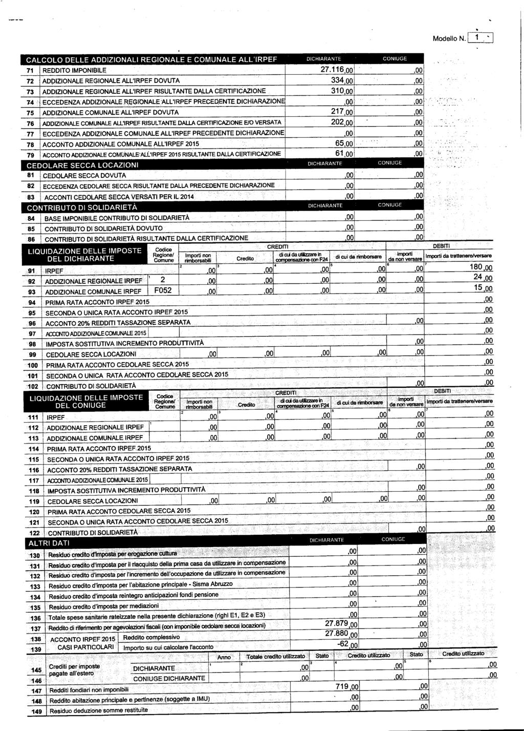 CALCOLO DELLE ADDZONAL REGONALE E COMUNALE ALLRPEF DCHARANTE CONUGE 7 REDDTO MPONBLE 7 l ADDZONALE REGONALE ALLlPEF DOVUTA 7 Ì ADDZONALE REGONALE ALLRPEF RSULTANTE DALLA CERTFCAZONE 74 EçCEDENZA