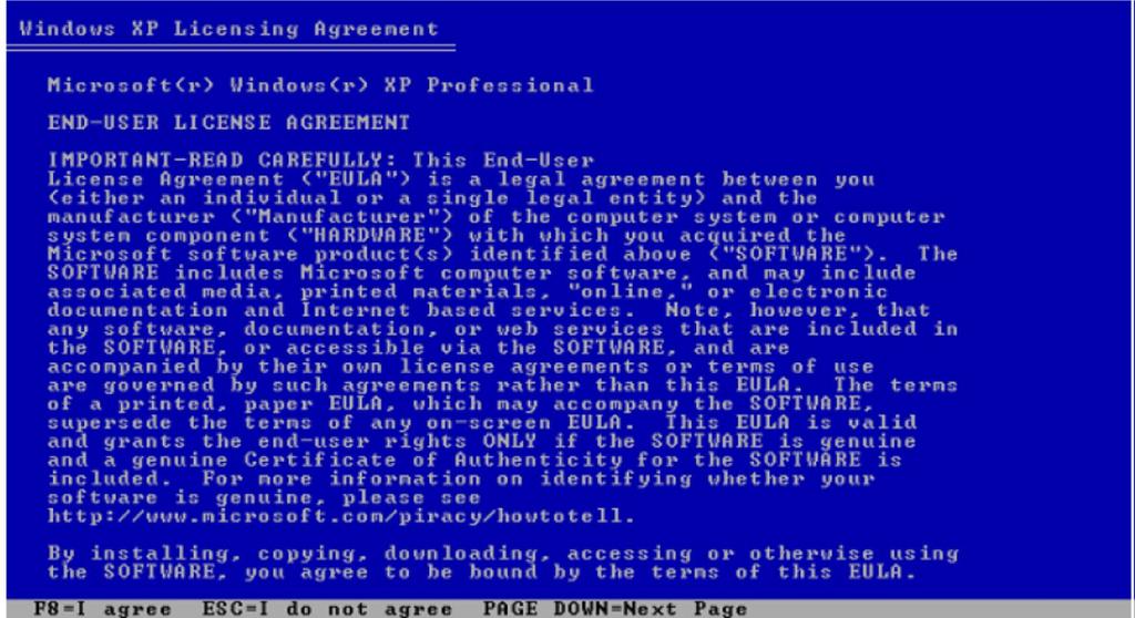 Compare la schermata "Contratto di Licenza di Windows XP".