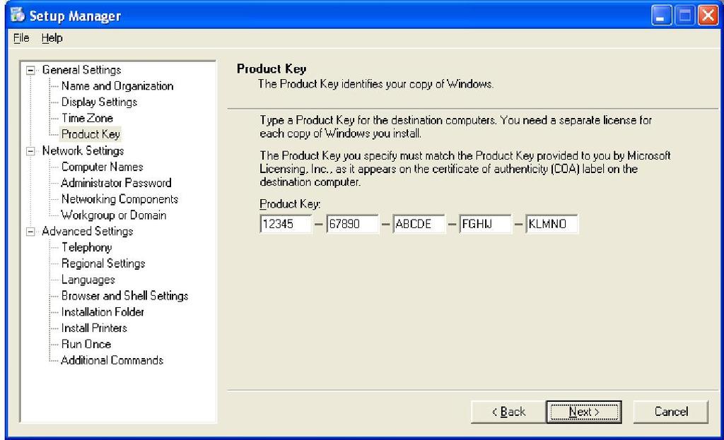 Selezionare Product Key nella lista a sinistra. Digitare il Product Key di Windows XP Professional fornito dal proprio istruttore nella casella Product Key:. Fare clic su Avanti.