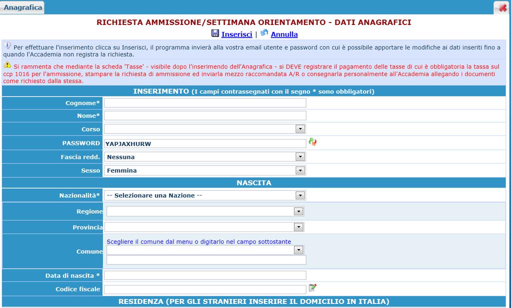 "Inserimento domanda di AMMISSIONE", selezionare dal menu a tendina l'istituzione a cui si intende inoltrare la domanda di