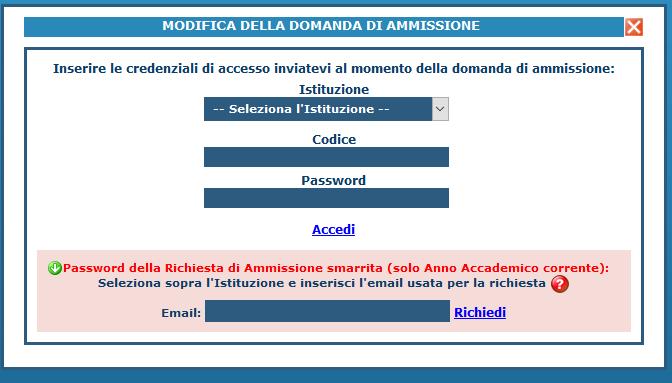 Studenti tramite e-mail, cliccare sull'opzione 2. "Modifica domanda di ammissione".