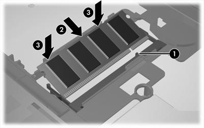 c. Facendo attenzione a esercitare la stessa pressione su entrambi i bordi destro e sinistro del modulo di memoria, spingerlo verso il basso (3) fino a far scattare i