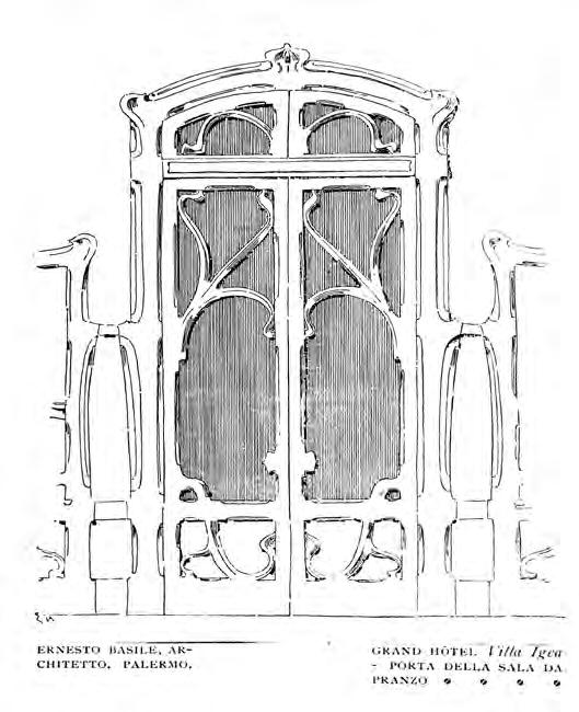 Basile, alzato di una delle porte (con raccordi alle cornici delle specchiere) del salone degli specchi del Grand Hôtel Villa Igiea all Acquasanta, Palermo, 1899-1900 (da «L Arte Decorativa Moderna»,