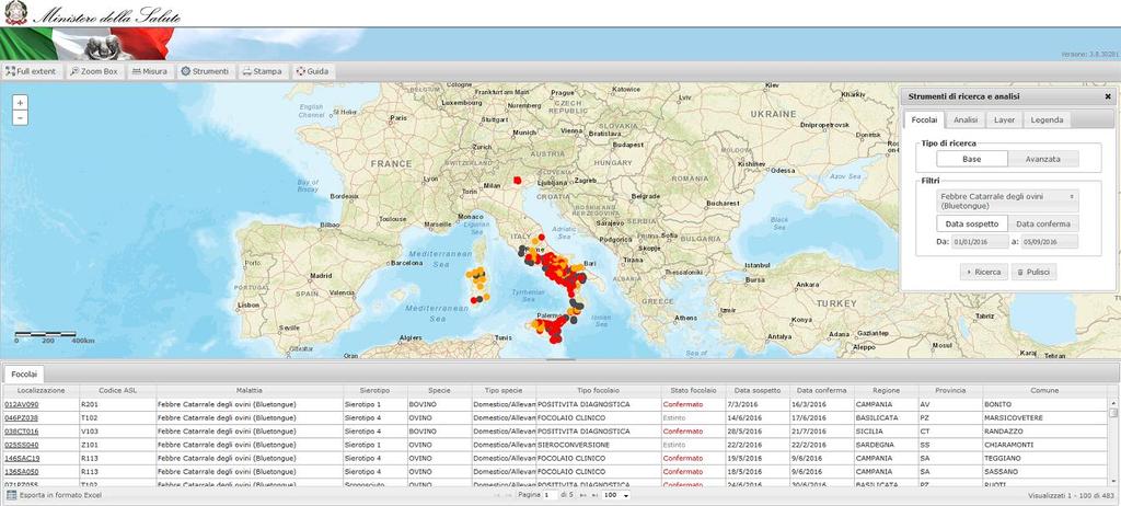 Figura 33: Menu area riservata - Ricerca Focolai Il sistema visualizza l elenco dei focolai che rispondono ai criteri di ricerca impostati e alla propria competenza territoriale.