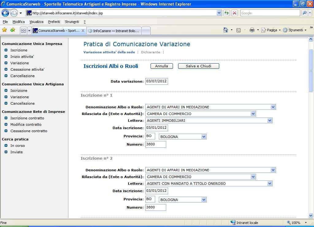 Compilare la successiva maschera con gli estremi dell iscrizione al Ruolo della società che sta eseguendo l aggiornamento (Importante: in caso di società vanno inseriti gli estremi di iscrizione