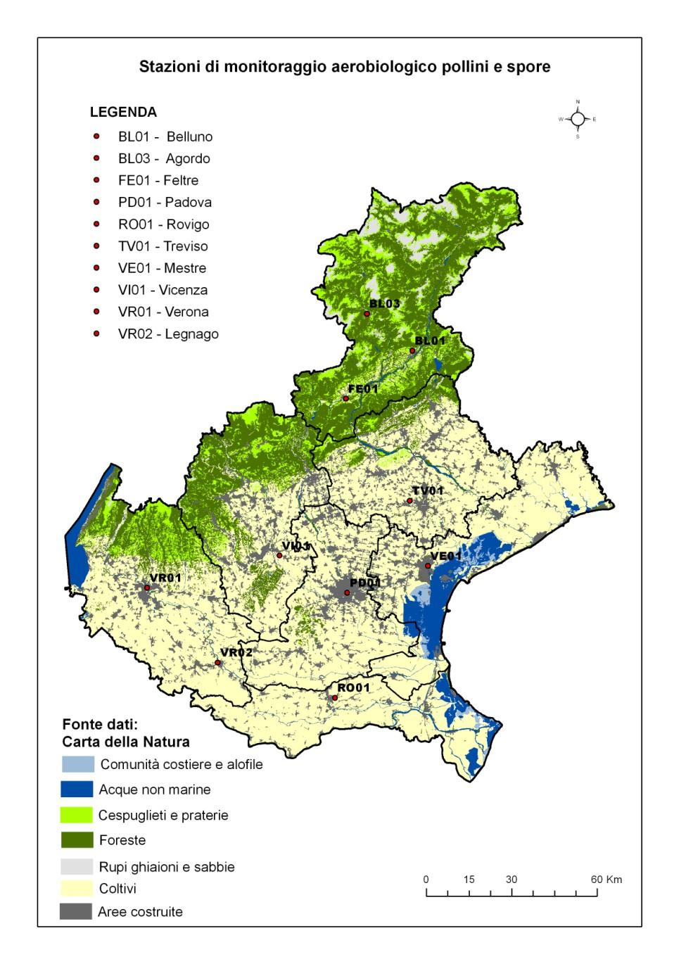 La rete di monitoraggio in Veneto La rete di monitoraggio dei pollini aerodispersi, attivata da ARPAV (1) a partire dall anno 21, si è avvalsa, nell anno 213, di 1 campionatori, 8 di proprietà dell