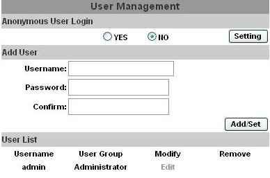 6.4.2 Gestione utente L User Management prevede 3 livelli di autorità: Administrator (il più alto), User, e Anonymous.