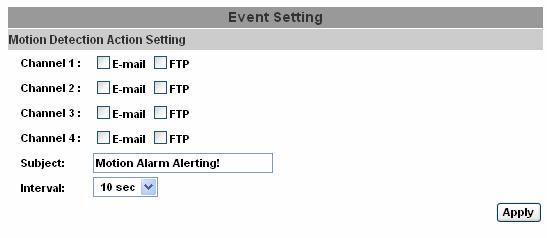 6.7.2 Event Setting MOTION DECTECTION ACTION SETTING È possibile impostare azioni diverse per rilevare il movimento per ogni canale.