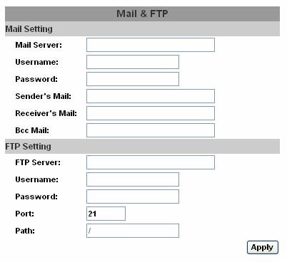6.7.4 Event setting / Mail & FTP MAIL & FTP SETTING Le impostazioni mail ed FTP sono intese per le azioni di