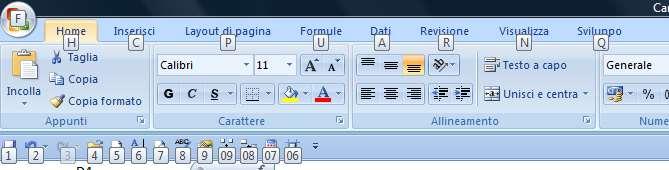 Microsoft Excel2007 Premendo il tasto ALT compaiono sulla barra delle lettere che sono i comandi per ottenere con la tastiera i relativi menù. (Es.