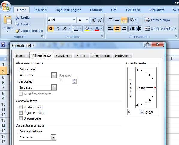 Microsoft Excel2007 (selezionare le celle da modificare prima di aprire la finestra di dialogo) scheda Home della barra multifunzione nella sezione Allineamento La finestra che si apre dà la