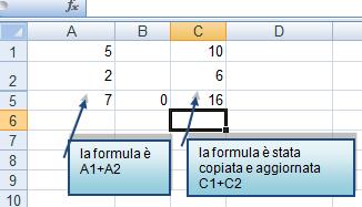 Microsoft Excel 2007 Se il contenuto di una cella è una formula, ed essa viene ricopiata, automaticamente il risultato viene aggiornato: esempio: se si copia una formula che somma i numeri inseriti