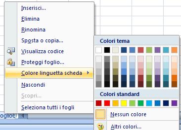 Colorare le linguette dei fogli Microsoft Excel 2007 Excel 2007 consente di colorare a piacere le linguette dei fogli di lavoro per personalizzarle ulteriormente.