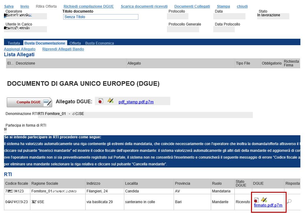 16 LINEE GUIDA PER GLI ENTI ADERENTI Un messaggio a video confermerà l avvenuto caricamento del DGUE e verrà reso visibile sulla griglia RTI nella colonna DGUE come mostrato di seguito: Figura 33: