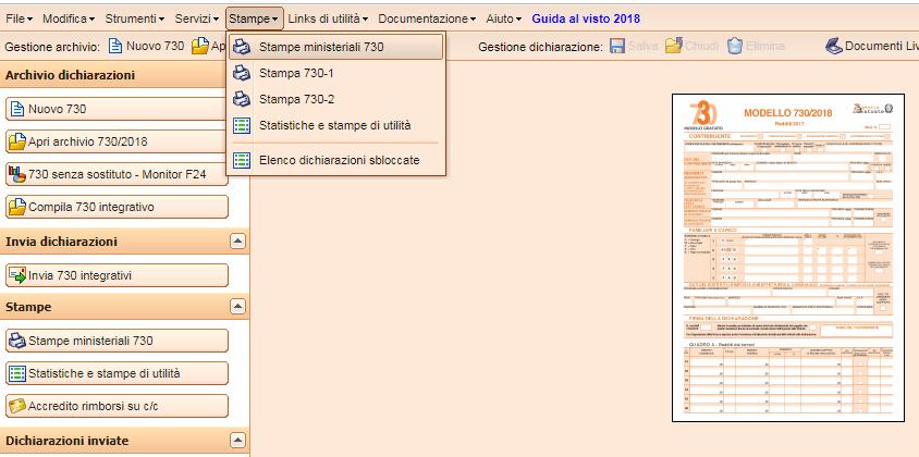 Per creare una copia in PDF dei 730 inviati, procedere nel seguente modo: aprite il programma 730-2018 e dalla barra degli strumenti cliccate sull icona Stampe -> Stampe ministeriali 730.