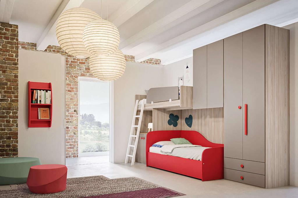 CAMERETTA 09 Letto a soppalco, finiture Olmo Natura, proteggino Corsa Cacao,scaletta scendiletto in legno bianco. Onda, divano letto L90 cm con rete estraibile. Finiture Rosso Imprendibile.