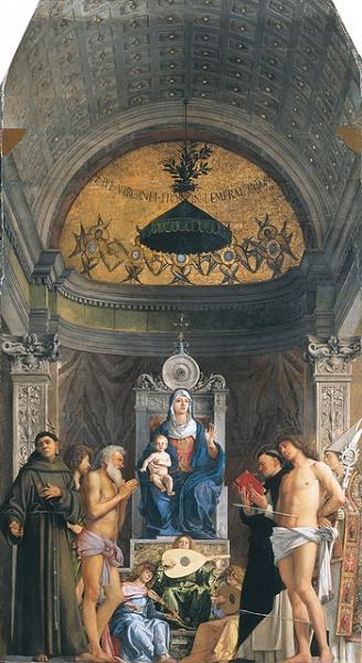 trono, angeli musicanti e i santi Francesco, Giovanni Battista,