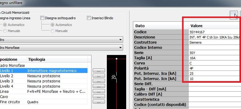 8 A questo punto i dati dell interruttore scelto nel DbCenter, verranno visualizzati all interno della tabella per lo schema unifilare.