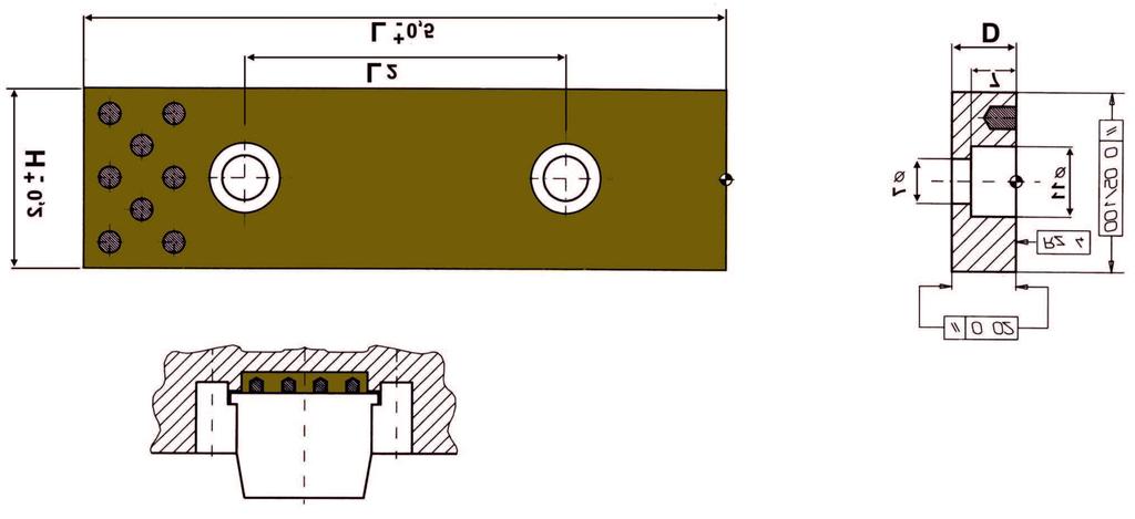 Piastre di scorrimento autolubrificanti P1303 Materiale: Bronzo con inserti in grafite ideali come piastre di scorrimento in aiuto ai carrelli. Rif.