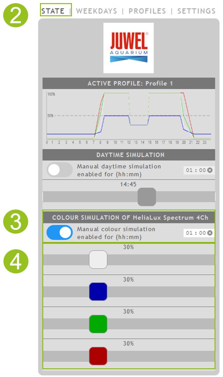 Comando manuale dei colori della luce Attivazione del comando manuale: 1. Stabilire la connessione tramite l'interfaccia utente dell'helialux SmartControl.