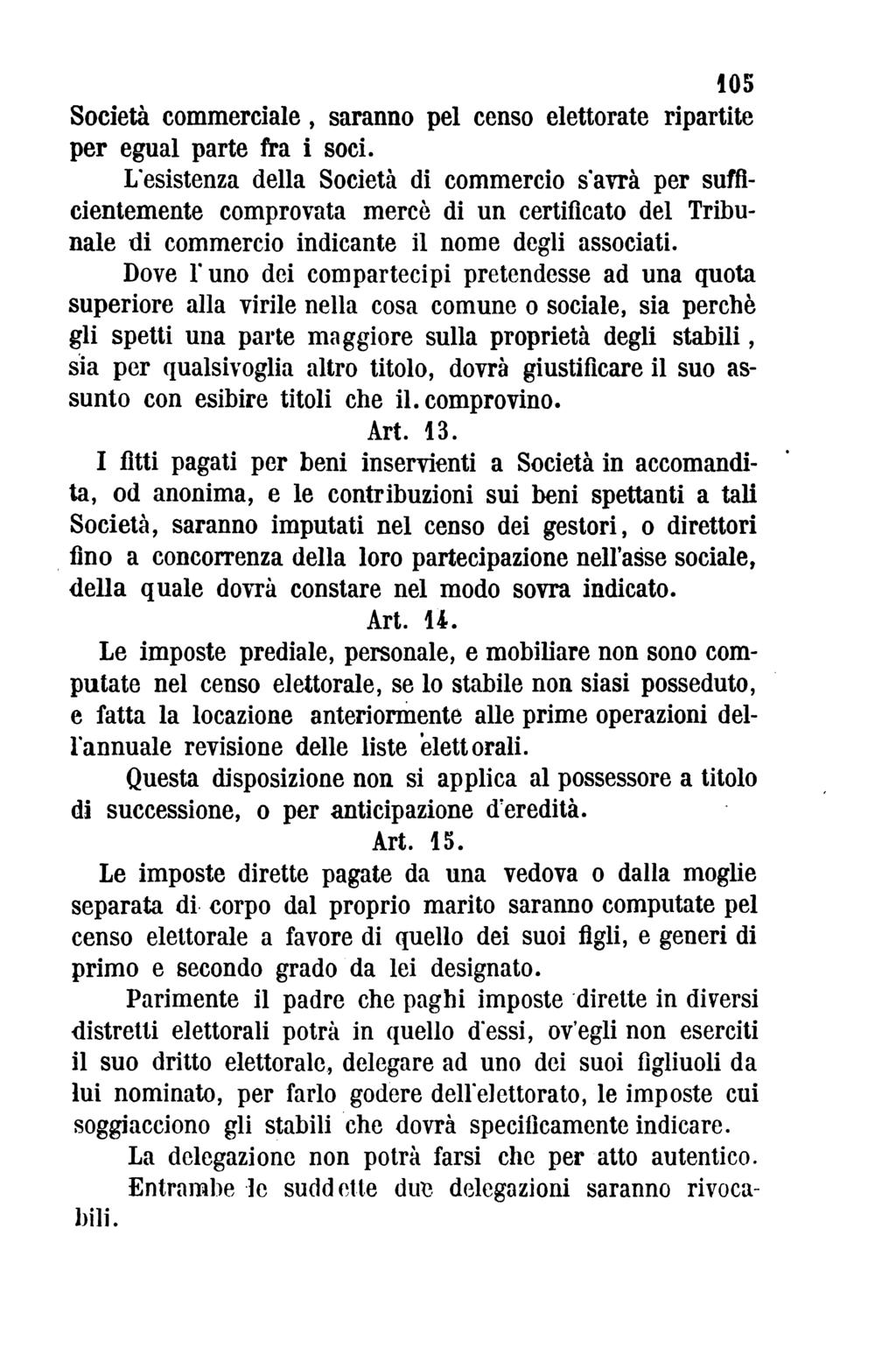 105 Società commerciale, saranno pel censo elettorate ripartite per egual parte fra i soci.