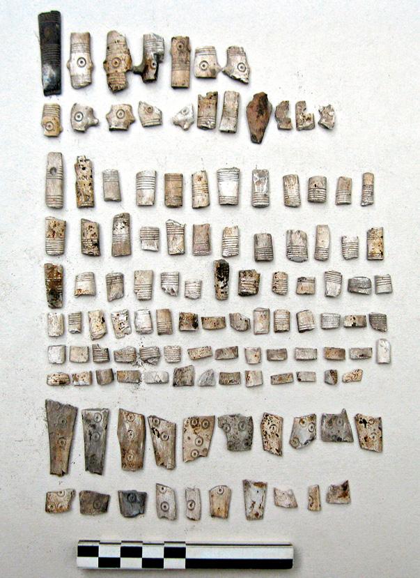 informi di bronzo, R42; alcune porzioni di vasi in ceramica di impasto decorata a pettine e a falsa cordicella, RR39, 45; frammenti di appliques in osso decorate, R43, e parti di
