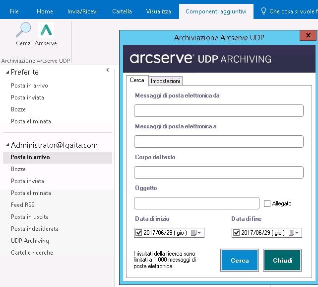 Aggiunta di UDP Archiving come plug-in di Outlook 8. Dalla schermata di ricerca, selezionare uno o più parametri e fare clic su Cerca.