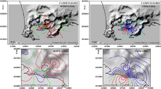 Figura 64 Campi delle variazioni di gravità sugli intervalli di tempo ottobre 2015 marzo 2016 (in alto a sinistra) e marzo 2016 giugno 2016 (in alto a destra).