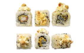 Uramaki Deluxe Roll di riso 8pz - Rice roll 8pcs BOULEVARD Scampi crudi, mango con top di philadelphia e spolverata di granella di nocciola Raw scampo, mango, exteriorly cream cheese and hazelnuts