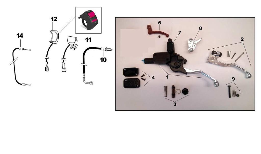 TAV. 04 - LEVA FRIZIONE 1 64240 1 POMPA FRIZIONE BREMBO Hydraulic Clutch pump 2 64241 - LEVA FRIZIONE BREMBO Clutch lever 3 64243 - KIT REVISIONE PISTONE Piston kit 4 64247 - COPERCHIO SUP Cap, top 6