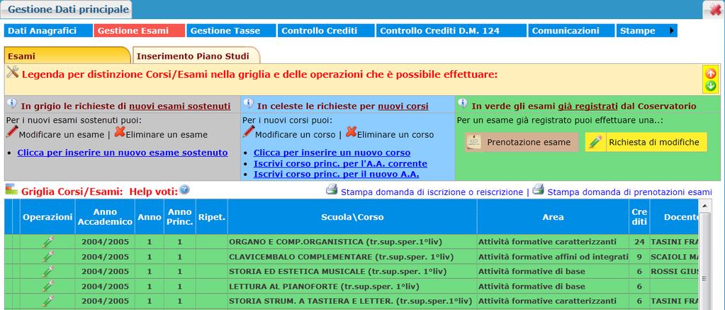 Gestione Esami Dalla seguente schermata abbiamo con una sola pagina la possibilità di operare sugli esami registrati (modifiche e prenotazioni), inserire nuovi esami sostenuti ed inoltre visualizzare