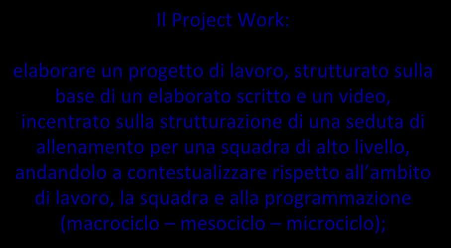 VALUTAZIONE FINALE Il Project Work: elaborare un progetto di lavoro, strutturato sulla base di un elaborato scritto e un video, incentrato sulla strutturazione di una seduta