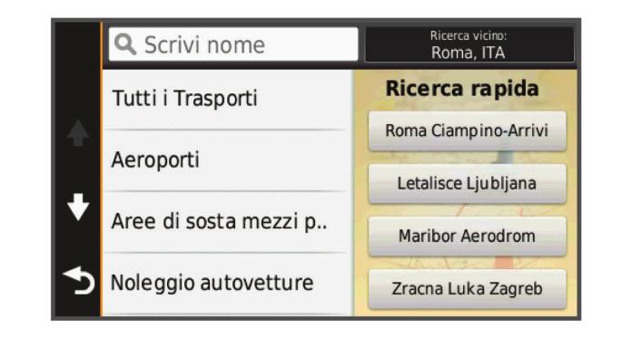 Ricerca all'interno di una categoria Dopo aver effettuato la ricerca di un punto di interesse, alcune categorie possono visualizzare un elenco Ricerca rapida che mostra le ultime quattro destinazioni