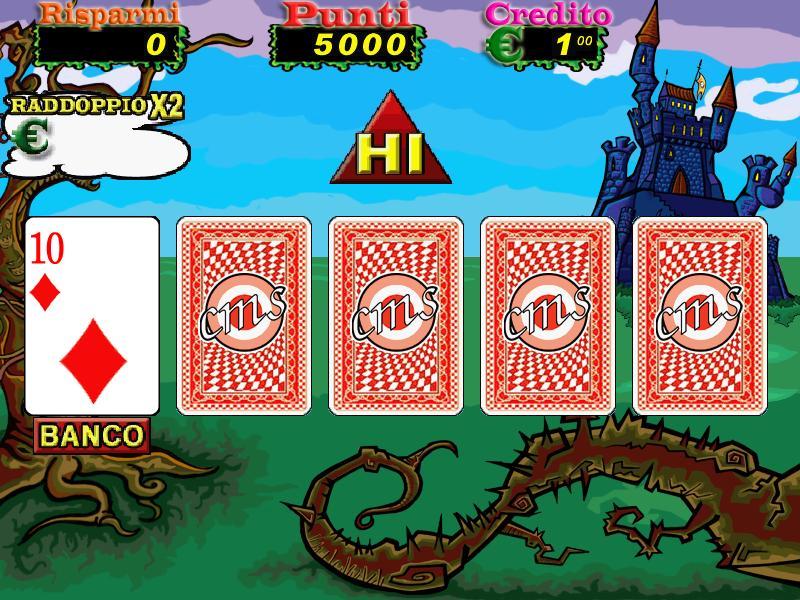 HI-LOW CARD Sullo schermo vengono mostrate 5 carte, la prima a sinistra scoperta rappresenta la carta del banco, le altre 4 carte coperte sono le carte disponibili al giocatore.