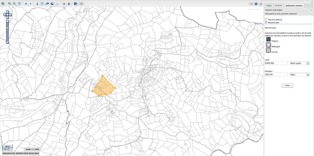 Per la misurazione delle aree, individuare il tipo di geometria che si vuole misurare e disegnarla in mappa. Anche in questo caso il valore dell area è visualizzato a destra.