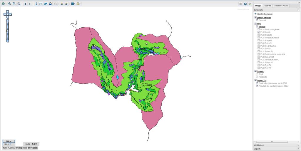 Barra degli strumenti Nella pagina iniziale saranno presenti: - a destra un menu suddiviso su tre schede che raggruppa funzioni di visualizzazione, ricerca e selezione di oggetti in mappa; -