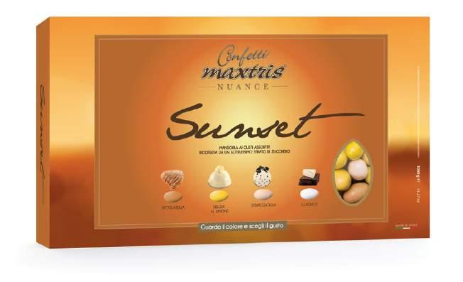 MAXTRIS NUANCE SUNSET cioccolato bianco o fondente assortito nei gusti: sfogliatella, delizia al limone, stracciatella e classico Toasted almond in white or dark chocolate in mix flavours: