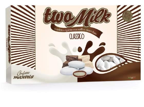TWO MILK CLASSICO Un anima di cioccolato bianco avvolta da uno strato di cioccolato al latte An inner of White chocolate in milk chocolate, in a thin layer of sugar.