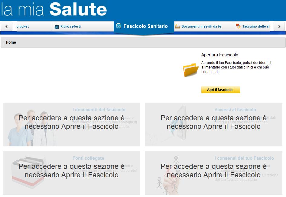 sezioni che sono progressivamente presentate: Cliccare per Aprire il Fascicolo Sezione 1 - Informativa: il cittadino deve confermare di aver preso visione dell informativa cliccando sul checkbox