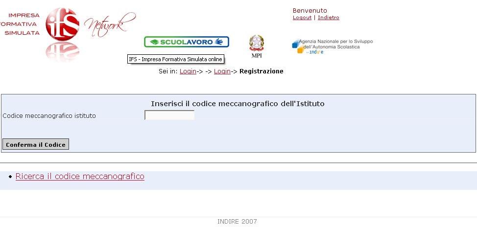 Registrazione a IFSNetwork Da questa sezione è possibile inserire il codice meccanografico per procedere alla registrazione.