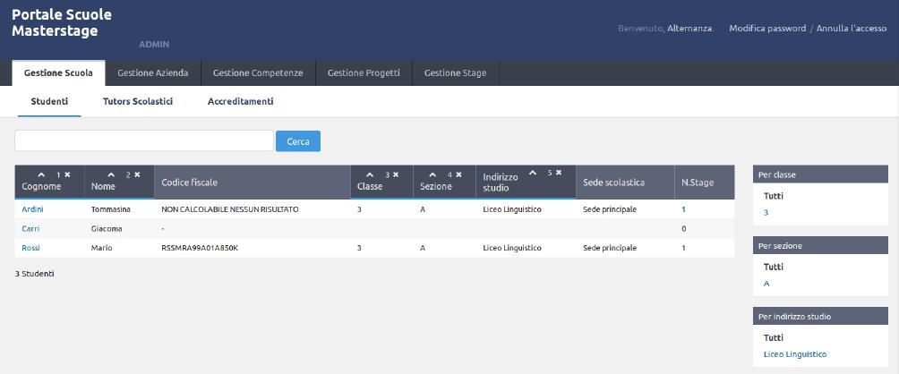 Studenti Mostra l'elenco di tutti gli studenti del terzo, quarto e quinto anno presenti in MasterCom, che potranno essere abbinati ai vari progetti con la possibilità di filtrarne la visualizzazione