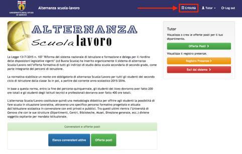 6. CRITICITÀ Per ciascun utente registrato, è prevista la possibilità di accedere ad un area dove potranno compilare un form per l inoltro di