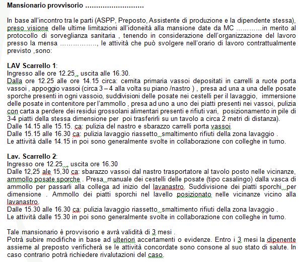 ASM, EVITARE SFORZI GRAVOSI. EVITARE ATTIVITA CON LE BRACCIA SOPRA LINEA DELLE SPALLE. NON EFFETTUARE MOVUIMENTAZIONI MANUALI DI CARICHI SUPERIORI AI 7 KG.