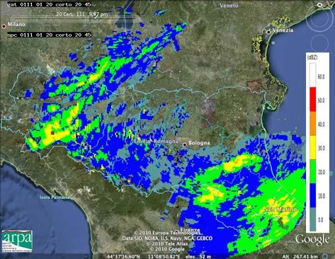 Mappe di riflettività del 20/01/2011 alle ore 20:45 UTC (in alto a sinistra), alle 21:30 UTC (in alto a destra), alle 22:30