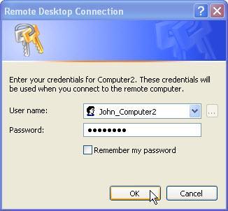Digitare Computer2 nel campo Computer e fare clic su Connetti. Immettere le credenziali per accedere al computer remoto.