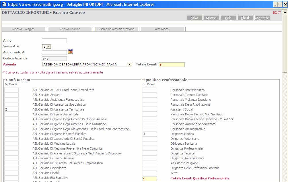 Campi della maschera Dettaglio Infortuni Rischio Chimico In tale maschera l utente potrà inserire le seguenti informazioni: Totale Eventi dovrà essere inserito il numero totale di eventi riguardanti