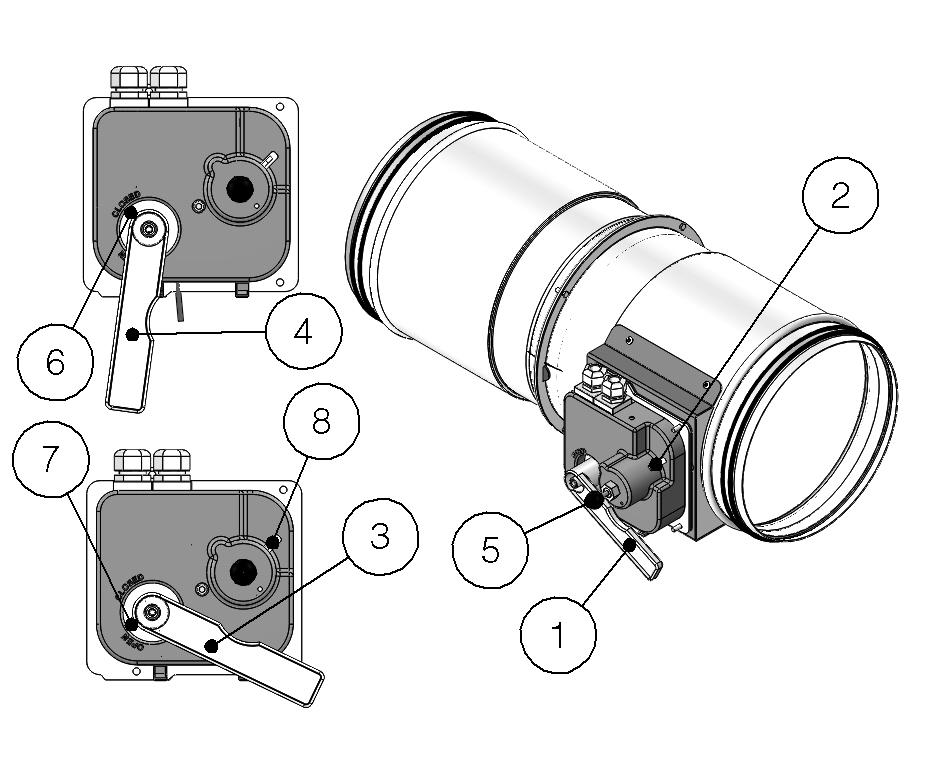 Tipologie di comando Manuale / Manuale con magnete 1. Leva di apertura manuale 2. Scatola di protezione 3. Posizione leva quando la pala è aperta 4. Posizione leva quando la pala è chiusa 5.