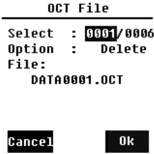 Nel menù "SWN file", si possono cancellare i file con i tasti e. Selezionare il numero del file da eliminare. Il nome completo del file verrà visualizzato nella parte inferiore dello schermo.